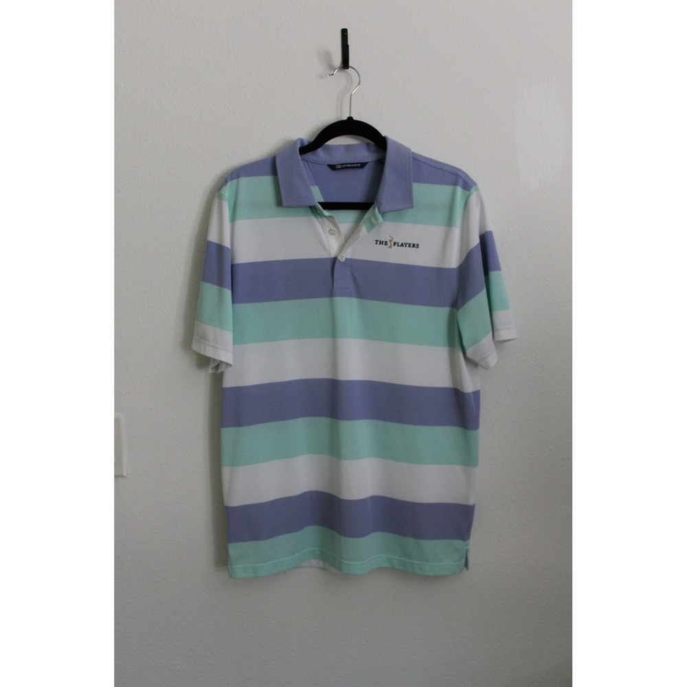 Cutter & Buck Mens The Players Golf Polo Shirt Medium Blue Teal Striped M